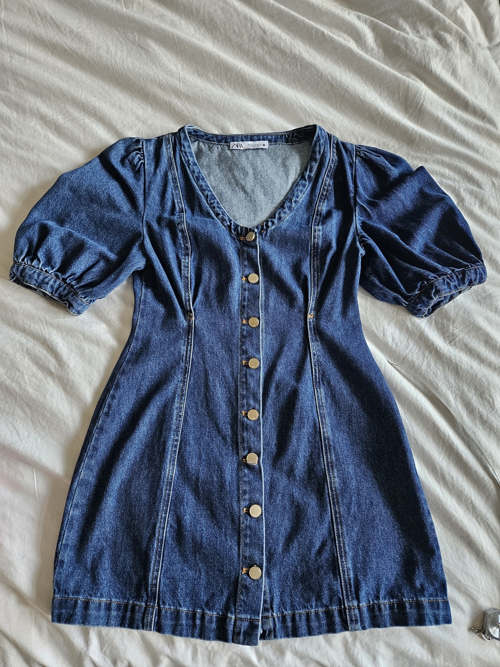 Zara Dark Blue Denim Puffy Sleeve Dress Size M (Fits Like S) NWOT